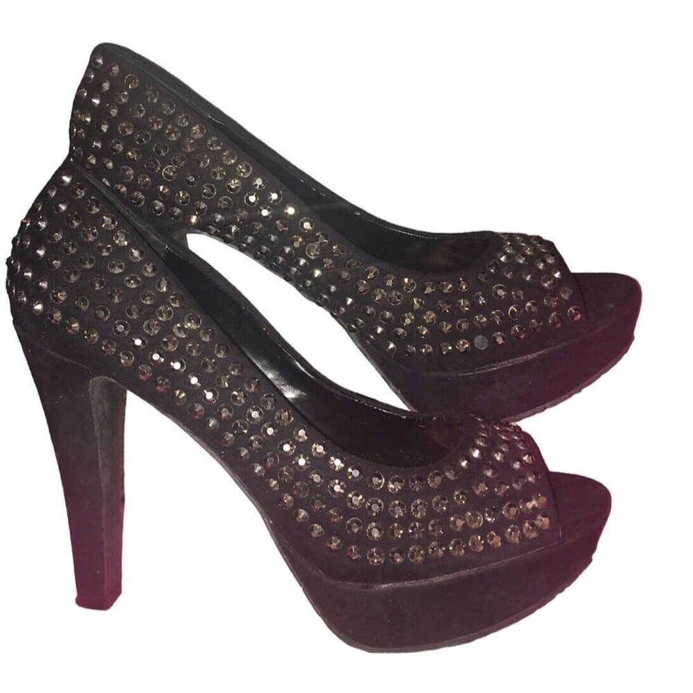Candies Open Toe Studded Heels size 9.5 M Black Silver Platform Shoes Boho Chic